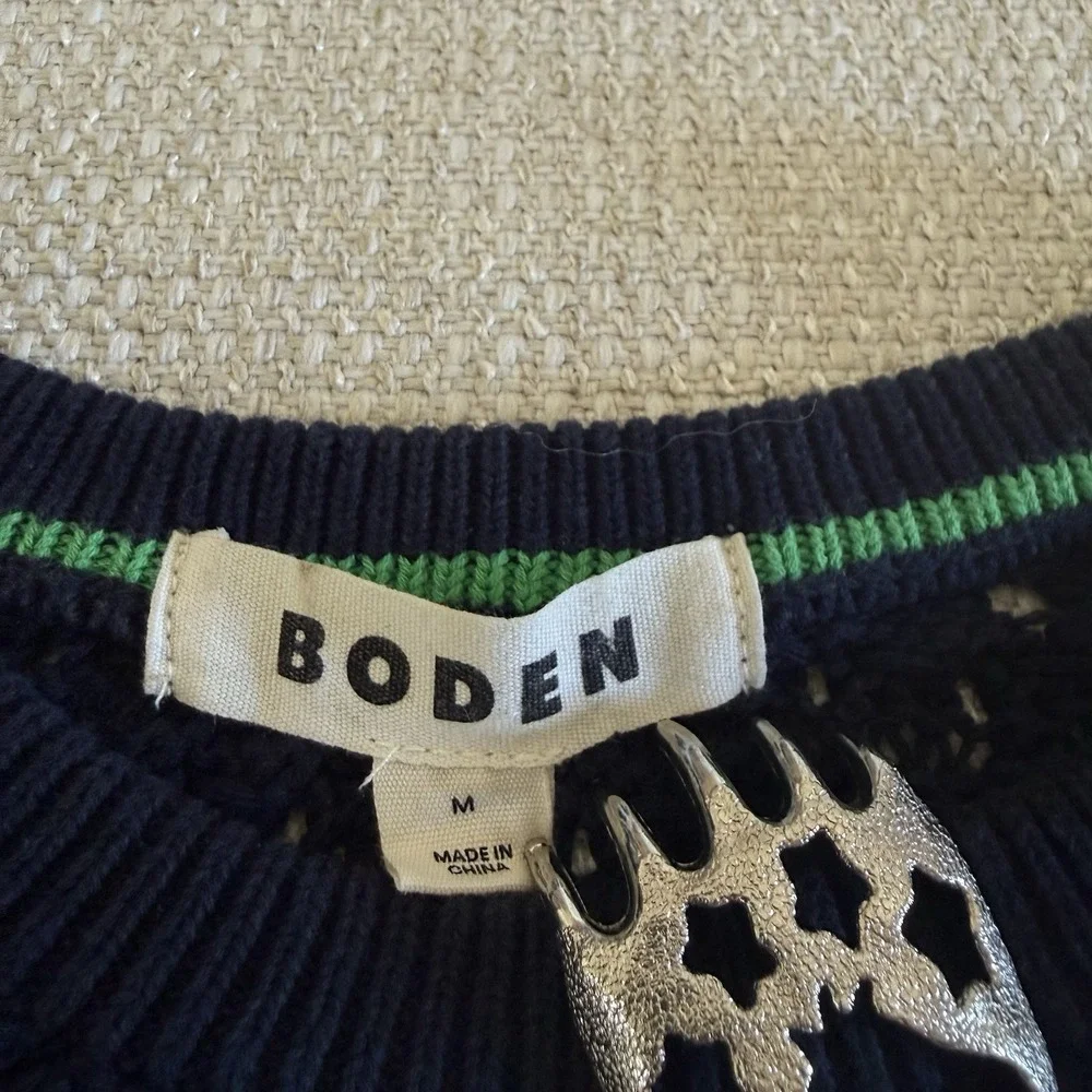 Boden Womens M Crochet Knit Fringe Crop Top Navy Blue Cotton Boho Swim Cover